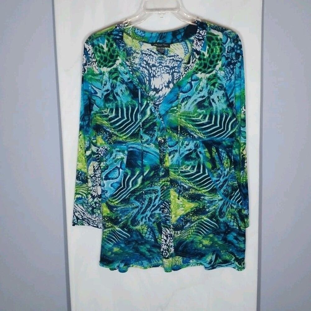 Michael Tyler Tunic Top XXL Abstract Semi Sheer Stretch Hi Low Button Front Boho